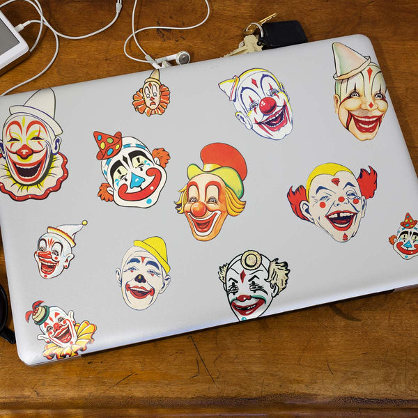 Creepy Clown Faces Circus Vinyl Sticker Set of 16, Spooky Halloween Clowns