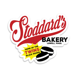 Mini Sticker; Stoddard's Bakery, Pawtucketville, Lowell MA, Home of Famous "Twins" Whoopie Pie, Black Moons