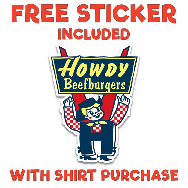 Howdy Beefburgers T-Shirt, Adult Unisex Baby Blue Tshirt, 100% Cotton, S-XXL, New Hampshire's First Fast Food Restaurant, Beef n' Burger, NH