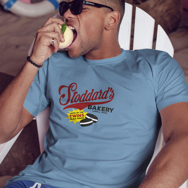 Stoddard's Bakery T-Shirt, Adult Unisex White or Baby Blue, 100% Cotton, Pawtucketville, Lowell MA, Famous "Twins" Whoopie Pies, Black Moons