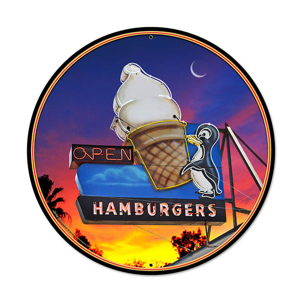 Ice Cream Stand Open Hamburgers Metal Sign Large Round 28 x 28