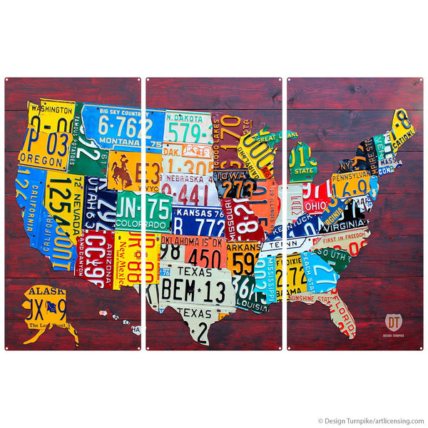USA 50 Map License Plate Style Triptypch Metal Wall Art