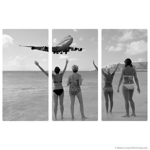 St. Martin Beach Airplane Flyover BW Large Metal Signs