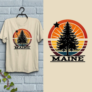 T-Shirt: Maine Tree Star Circle Burst, 100% Cotton, S-XXL, Adult Unisex Tshirts, Exclusive Retroplanet Design, ME tshirts