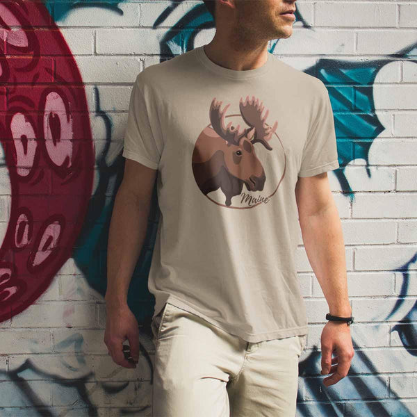 T-Shirt: Maine Moose Head Circle, 100% Cotton, S-XXL, Adult Unisex Tshirts, Exclusive Retroplanet Design, ME tshirts