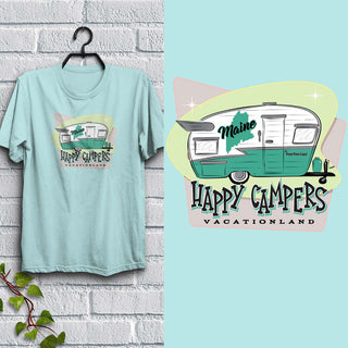 Maine Happy Campers T-Shirt Adult Unisex Light Green, 100% Cotton, S-XXL, Glamping Tshirts