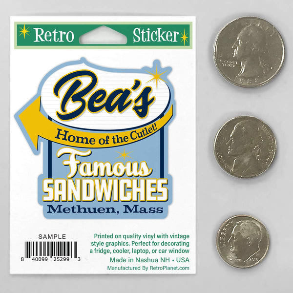 Bea's Famous Sandwiches Mini Vinyl Sticker, Methuen MA, New England Memories