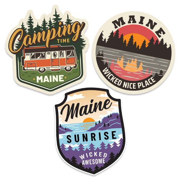 Maine Sticker Bundle, Camping Time, Wicked Nice Place, Maine Sunrise, Set of 3 Die Cut Stickers