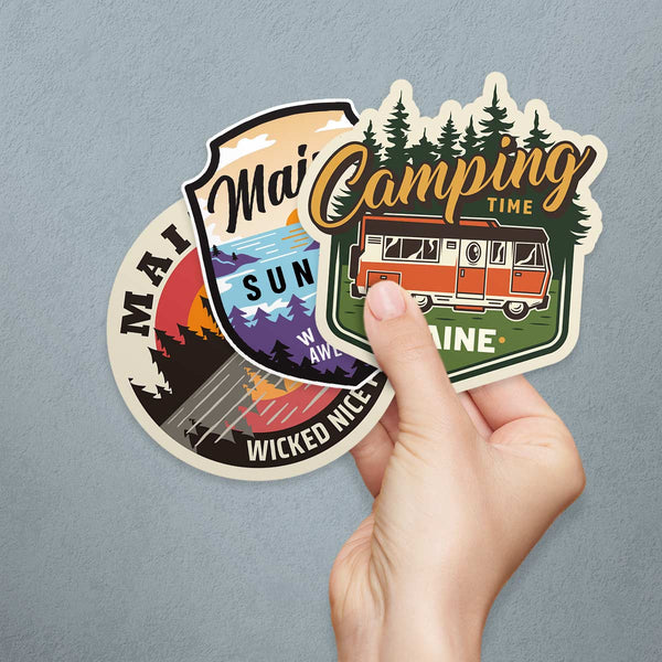 Maine Sticker Bundle, Camping Time, Wicked Nice Place, Maine Sunrise