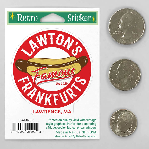 Mini Sticker; Lawton's Frankfurts, Lawrence, MA Hot Dogs, Family Tradition Souvenir, New England Memories