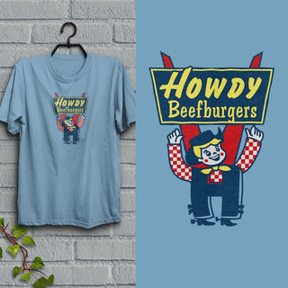 Howdy Beefburgers T-Shirt, Adult Unisex Baby Blue Tshirt, 100% Cotton, S-XXL, New Hampshire's First Fast Food Restaurant, Beef n' Burger, NH
