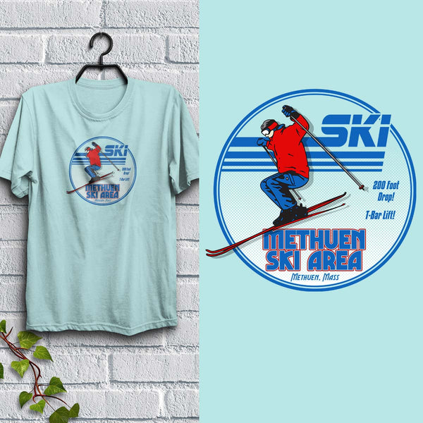 Ski Methuen T-Shirt, Adult Unisex Teal Ice Tshirt, 100% Cotton, S-XXL, Methuen Massachusetts Ski Area, Gone But Not Forgotten, MA Ski Hill
