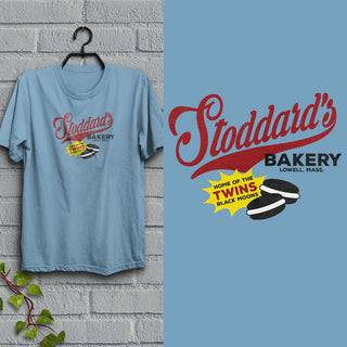 Stoddard's Bakery T-Shirt, Adult Unisex White or Baby Blue, 100% Cotton, Pawtucketville, Lowell MA, Famous "Twins" Whoopie Pies, Black Moons