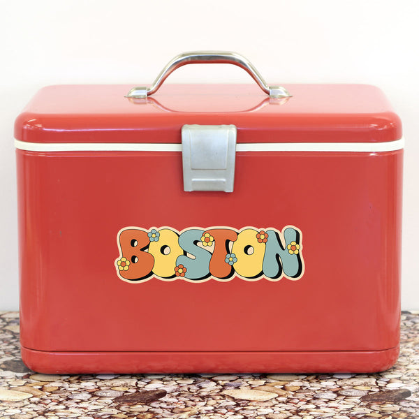 Bumper Sticker; Boston Funky Flowers, MA Travel Decal, Script Souvenir Decal
