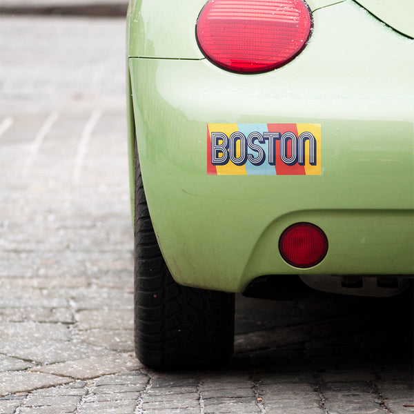 Bumper Sticker; Boston Retro 70s Colors, MA Travel Decal, Script Souvenir Decal