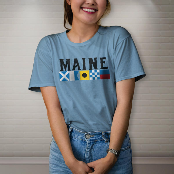 Nautical Flags Maine T-Shirt Baby Blue Adult Unisex S-2X, Maine Tshirt
