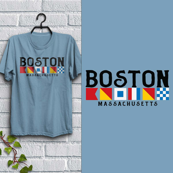 Nautical Flags Boston MA T-Shirt Baby Blue Adult Unisex S-2X, Massachusetts Tshirt