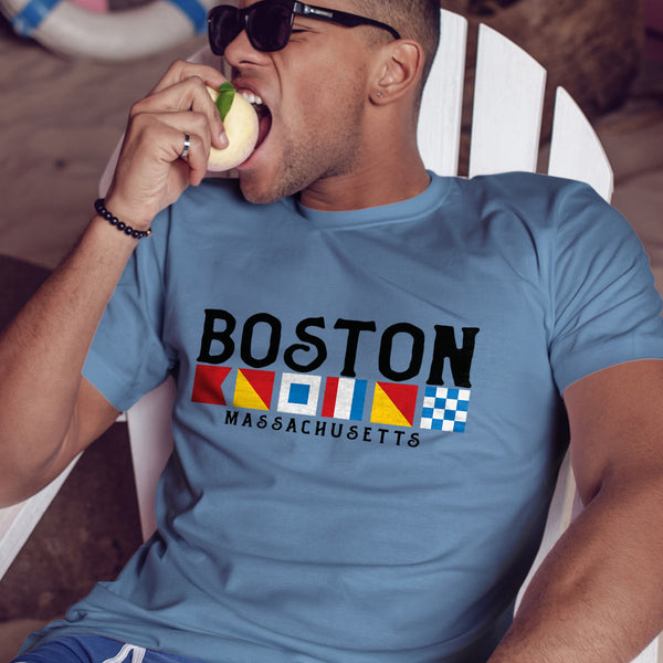 Nautical Flags Boston MA T-Shirt Baby Blue Adult Unisex S-2X, Massachusetts Tshirt