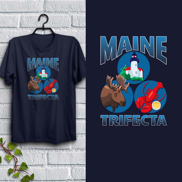 Maine Trifecta Adult T-Shirt in Navy or True Red, 100% Cotton, S-XXL, Unisex Vacationland Tshirt, Funny T-Shirts