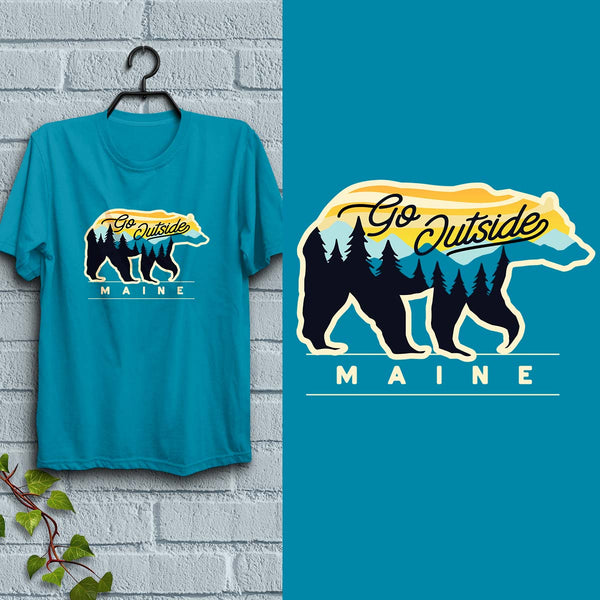 Maine Go Outside Bear T-Shirt, Adult Unisex 100% Cotton, S-XXL