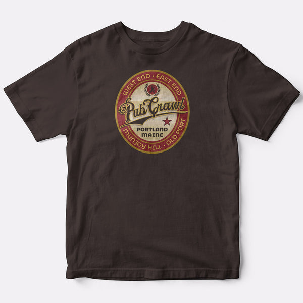 Portland Pub Crawl Vintage Script Logo T-shirt, Dk Chocolate Adult Unisex S - 2X, Maine Tshirt