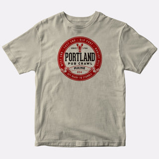 Portland Pub Crawl Lobster Round Logo T-shirt, Natural Beige Adult Unisex S - 2X, Maine Tshirt