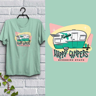 Florida Happy Campers T-Shirt Adult Unisex Light Green, 100% Cotton, S-XXL, Glamping Tshirts