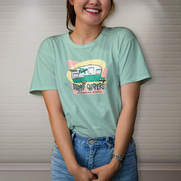 Florida Happy Campers T-Shirt Adult Unisex Light Green, 100% Cotton, S-XXL, Glamping Tshirts