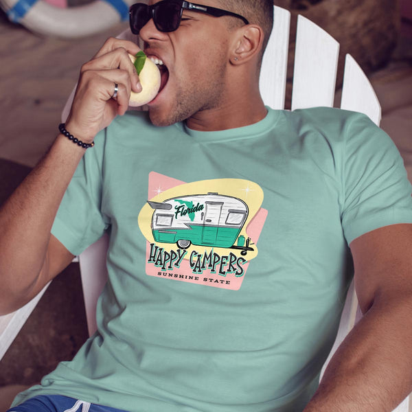 Florida Happy Campers T-Shirt Adult Unisex Light Green, 100% Cotton, S-XXL, Glamping Tshirts