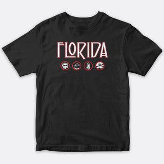 Florida Icons Design Black T-Shirt, 100% Cotton, S-XXL, Unisex Vacationland Unique Tshirts