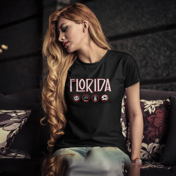 Florida Icons Design Black T-Shirt, 100% Cotton, S-XXL, Unisex Vacationland Unique Tshirts