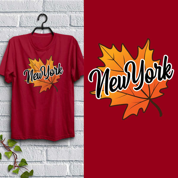 New York Autumn Leaf T-Shirt Adult Unisex, 100% Cotton, S-XXL, New England Tshirts