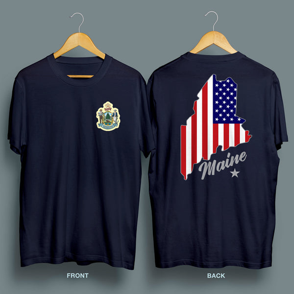 Maine State Logo US Flag Double-Sided T-Shirt Adult Unisex S-2X 100% Cotton