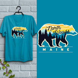 Maine North Woods Bear T-Shirt, Adult Unisex 100% Cotton, S-XXL