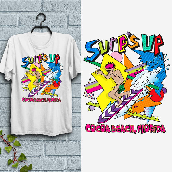 Surf's Up Cocoa Beach 80s Style Design T-Shirt, Adult Unisex 100% Cotton, S-XXL