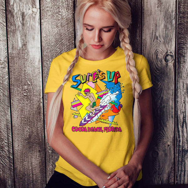 Surf's Up Cocoa Beach 80s Style Design T-Shirt, Adult Unisex 100% Cotton, S-XXL