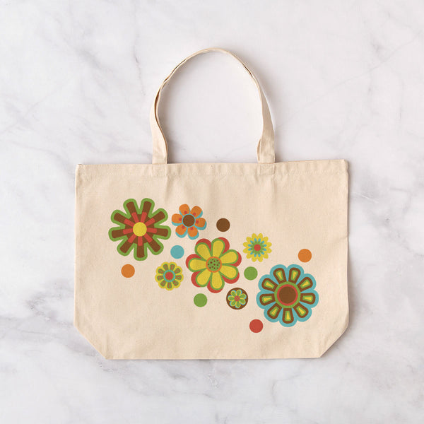 Mod Flowers 70s Colors Jumbo Canvas Tote Bag Everyday Totes