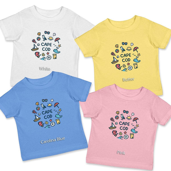 Cape Cod Playful Beach Icons Toddler T-Shirt, Unisex Toddler 2T-5/6, 100% Cotton T-Shirt, Travel Souvenir Tshirts