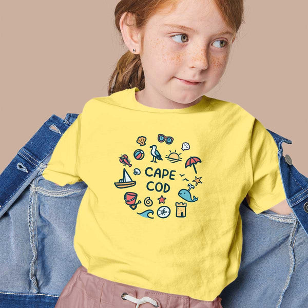 Cape Cod Playful Beach Icons Toddler T-Shirt, Unisex Toddler 2T-5/6, 100% Cotton T-Shirt, Travel Souvenir Tshirts