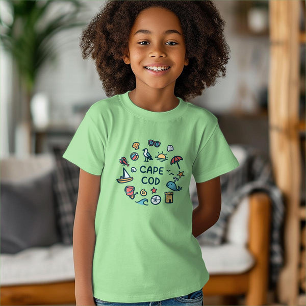 T-Shirt: Cape Cod Playful Beach Icons T-Shirt, 100% Cotton, Youth Unisex XS-XL, Travel Souvenir Tshirts