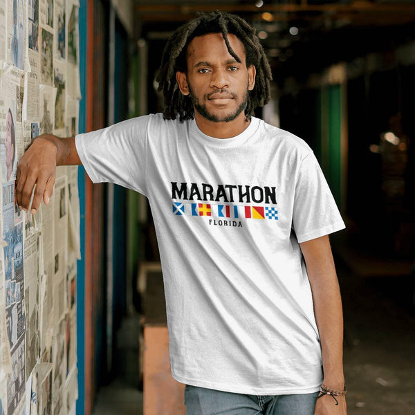 T-Shirt; Marathon Florida Nautical Flags, Adult Unisex 100% Cotton S-XXL, Coastal FL Tshirt, For Everyday, Souvenirs & Gift Giving