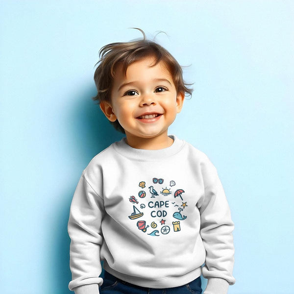 Sweatshirt; Cape Cod Playful Beach Icons Doodles Sweatshirt, Toddler 2T-5/6, Exclusive Retroplanet Design, Unique Kids Apparel,