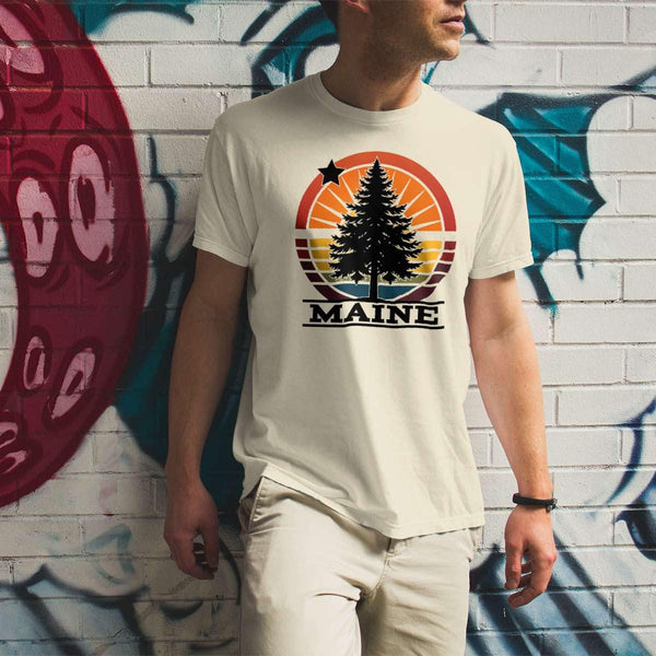 T-Shirt: Maine Tree Star Circle Burst, 100% Cotton, S-XXL, Adult Unisex Tshirts, Exclusive Retroplanet Design, ME tshirts