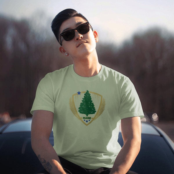 Maine Shield Star & Pine Tree T-Shirt, Adult Unisex Shirt Sizes S - XXL, 100% Cotton, ME Souvenir Tshirts, Maine T-shirts