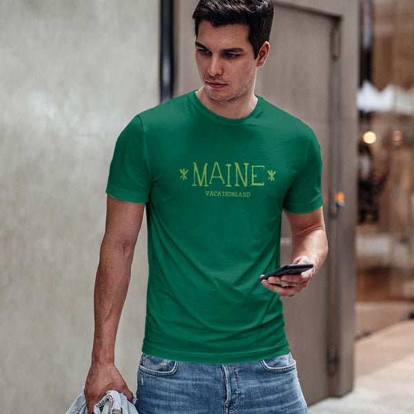 Maine Vacationland Funky Font T-Shirt, Adult Unisex, Kelly Green, Cardinal, Dark Chocolate, or Carolina Blue, 100% Cotton, S-XXL