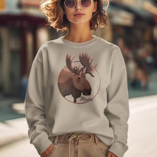 Sweatshirt; Maine Moose Head Circle Design Adult Unisex Sweatshirt Sizes S - XXL, 50/50 Cotton Poly Blend, ME Souvenir, Maine Apparel