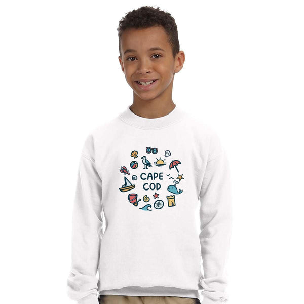 Sweatshirt; Cape Cod Playful Beach Icons, Youth Unisex XS-XL, Exclusive Retroplanet Design, Unique Apparel, Massachusetts Sweatshirts