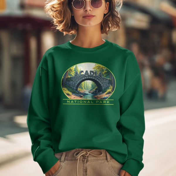 Sweatshirt; Acadia Maine Stone Arch Bridge Adult Sweatshirt Unisex S-2X, Cotton Poly Blend, Maine Sweatshirts