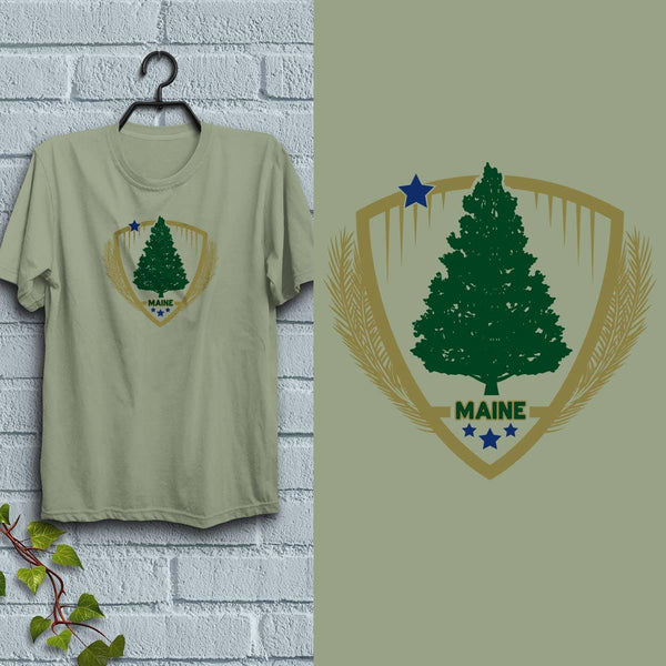 Maine Shield Star & Pine Tree T-Shirt, Adult Unisex Shirt Sizes S - XXL, 100% Cotton, ME Souvenir Tshirts, Maine T-shirts