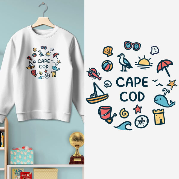 Sweatshirt; Cape Cod Playful Beach Icons, Youth Unisex XS-XL, Exclusive Retroplanet Design, Unique Apparel, Massachusetts Sweatshirts